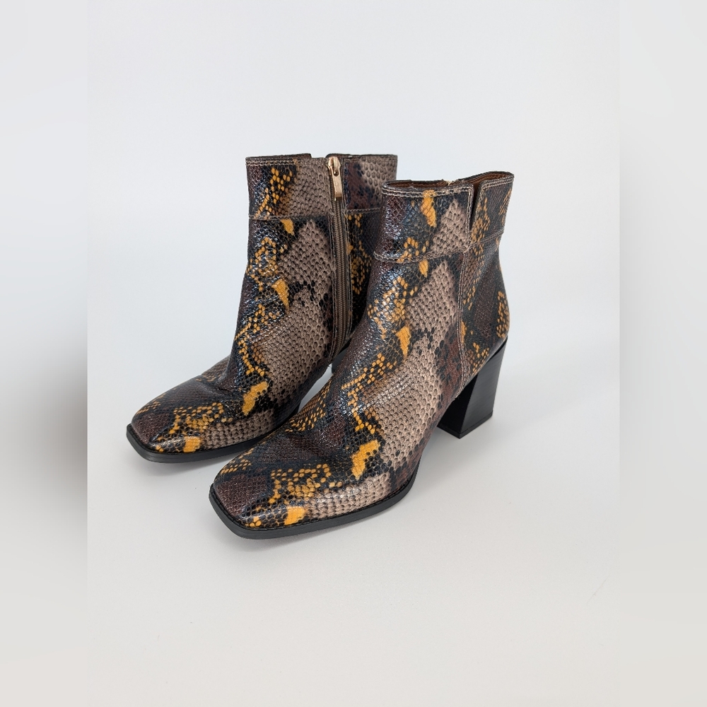Franco Sarto Snake Print Ankle Bootie | Size 9.5M | Brown Orange Leather Upper